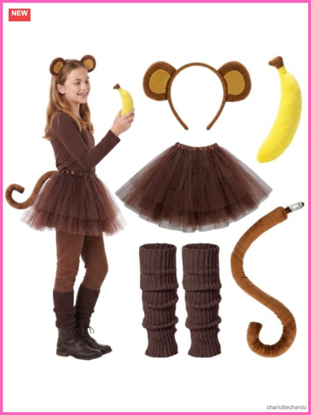 Monkey Costume Accessory Set 5 Pc Halloween Cosplay Tutu Headband Tail
